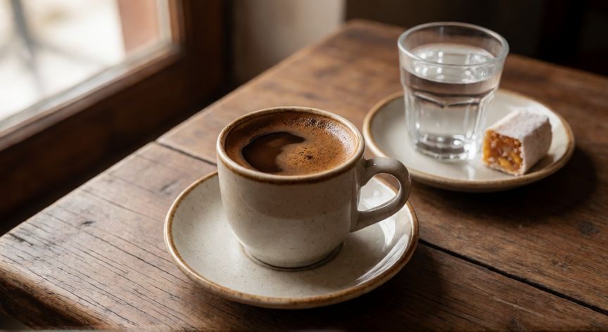 como hacer cafe a la turca, Taza de café turco con espuma servida con agua y dulceria