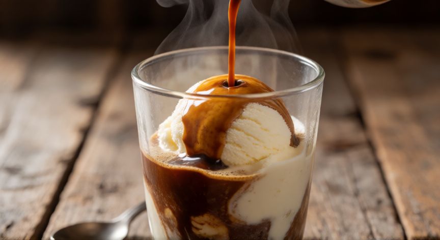 como hacer cafe affogato, Vaso de café affogato con espresso cayendo sobre helado de vainilla