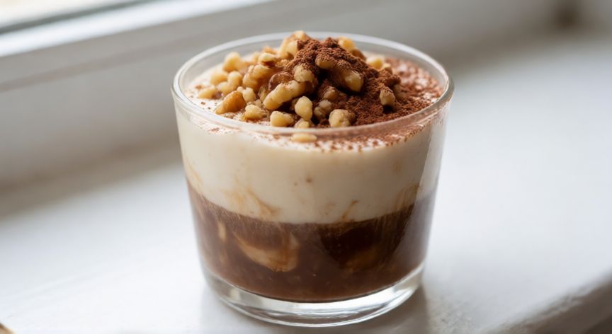 como hacer cafe affogato, Detalle de affogato decorado con nueces molidas y cacao en polvo