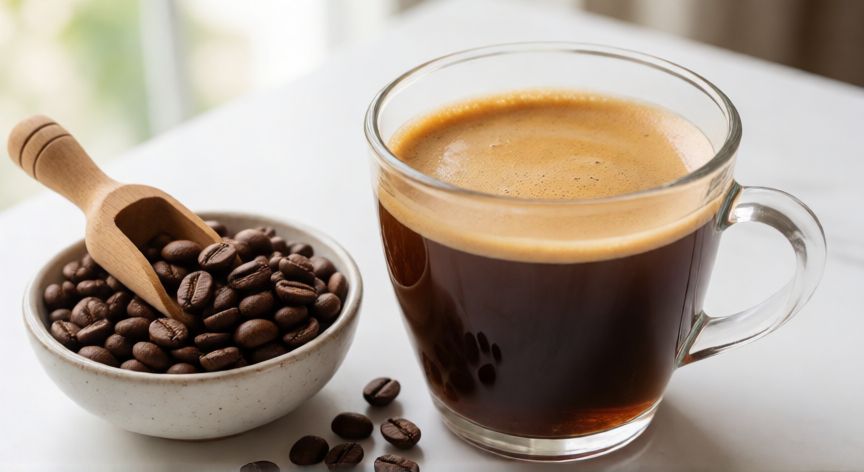 como hacer cafe americano, Taza de café americano transparente con granos de café frescos