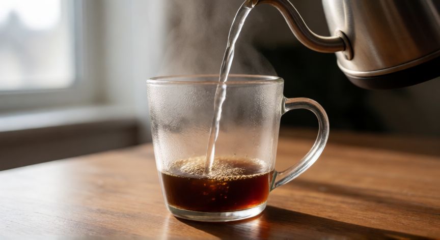 como hacer cafe americano con cafe soluble, Proceso de disolución inicial del café soluble en un vaso de cristal