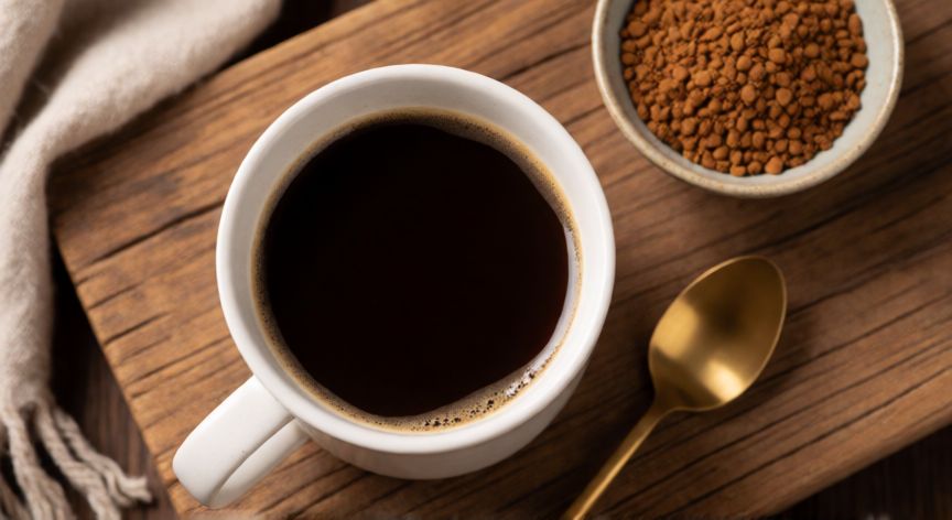 como hacer cafe americano con cafe soluble, Taza de café americano recién preparado con café soluble al lado