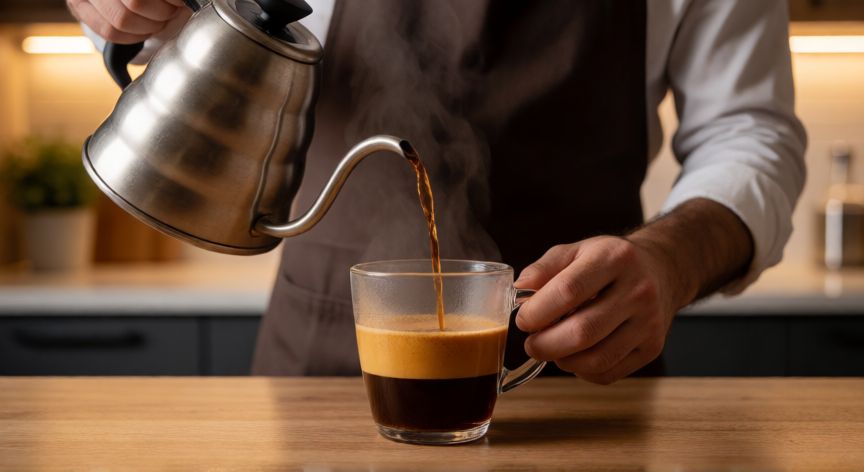 como hacer cafe americano en cafetera espresso, Barista preparando café americano añadiendo agua caliente a un espresso en una taza de cristal