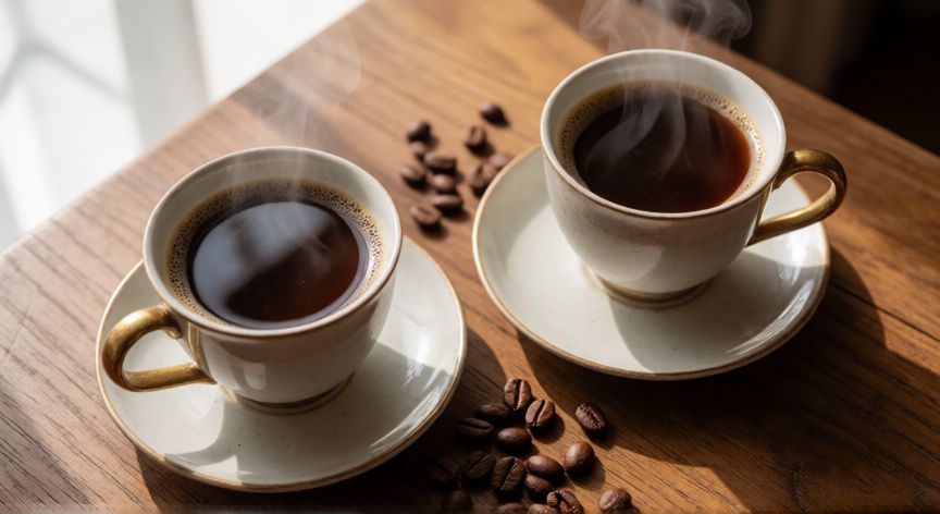 como hacer cafe americano en cafetera espresso, Dos tazas de café americano recién preparado con vapor sobre una mesa de madera