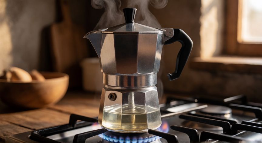 como hacer cafe americano en cafetera italiana, Cafetera italiana sobre fuego con vapor saliendo