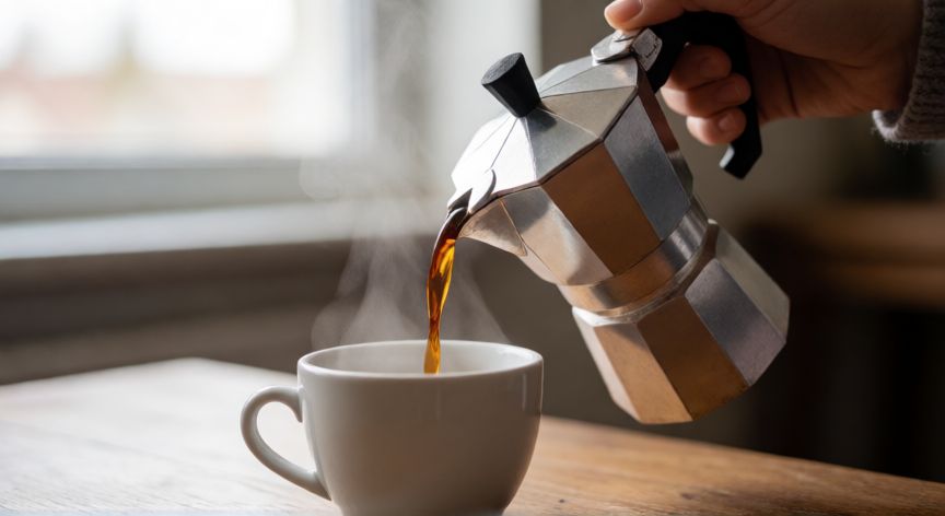 como hacer cafe americano en cafetera italiana, Viendo café recién hecho de la cafetera italiana en una taza