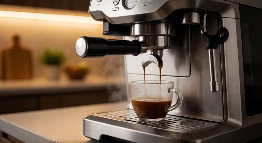 como hacer cafe americano en maquina, Máquina de espresso preparando un doble shot para café americano