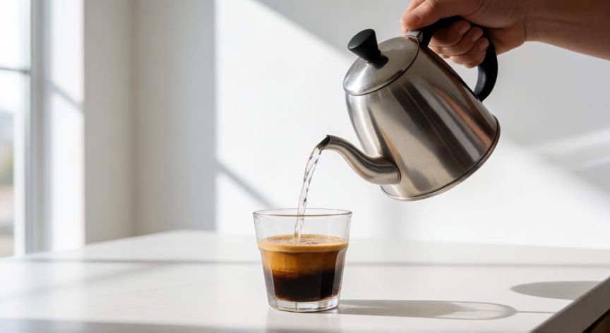 como hacer cafe americano en maquina, Vertiendo agua caliente sobre el espresso para hacer café americano