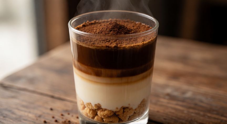 como hacer cafe asiatico, Vaso de café asiático con capas de galleta, leche y café molido fino