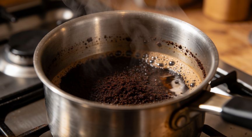 cómo hacer café bajito, Olla de acero inoxidable con café molido y agua a punto de hervir sobre la estufa