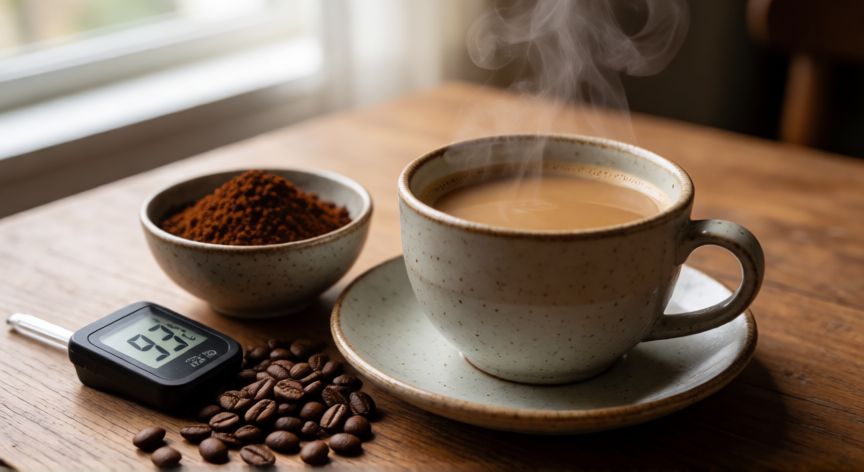 cómo hacer café bajito, Taza de café bajito en una mesa de madera con termómetro y café molido fresco