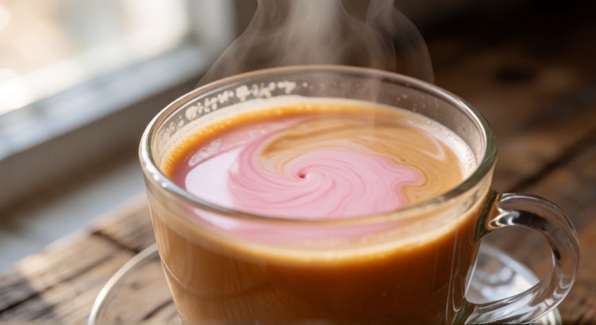 como hacer cafe bajito con pintura, Vaso de café claro con tono rosa suave y vapor