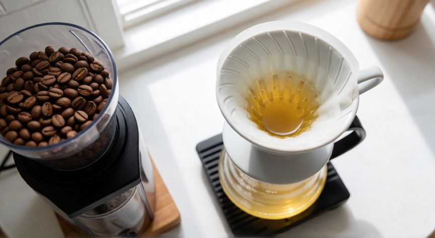 como hacer cafe bajito con pintura, Preparación de café filtrado claro con método V60 y granos tostados claros