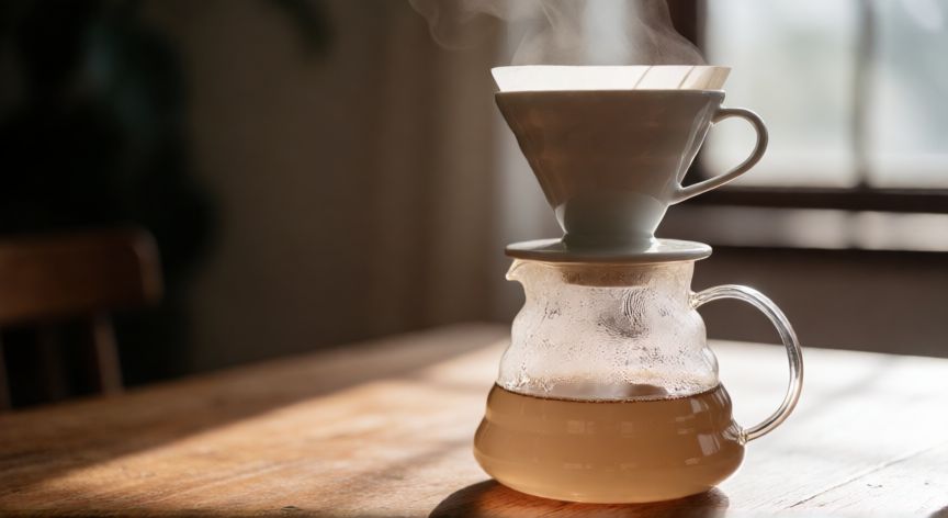 como hacer cafe barista en casa, Preparación de café V60 con destilado transparente sobre mesa de madera