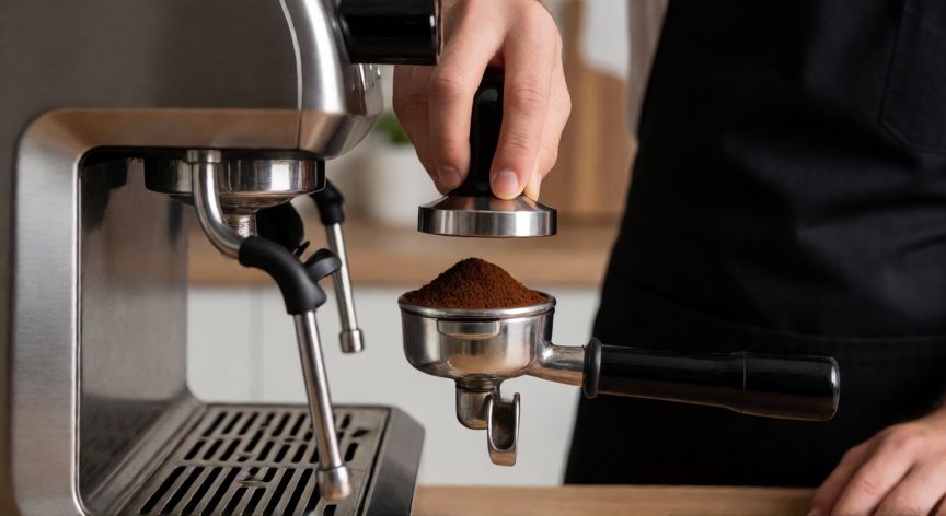 como hacer cafe barista en casa, Barista compactando café molido en el portafiltro de una máquina espresso