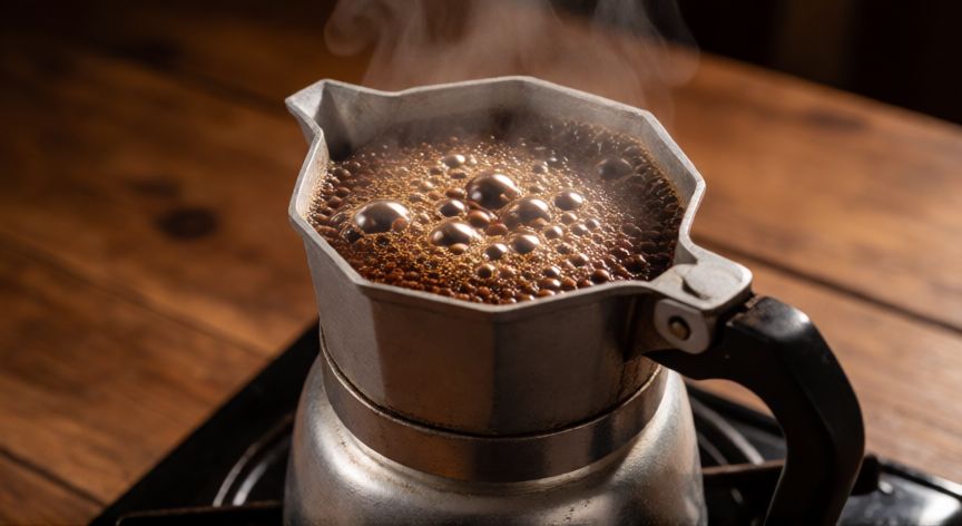 como hacer cafe barraquito, Cafetera tradicional hirviendo café para preparar barriguito