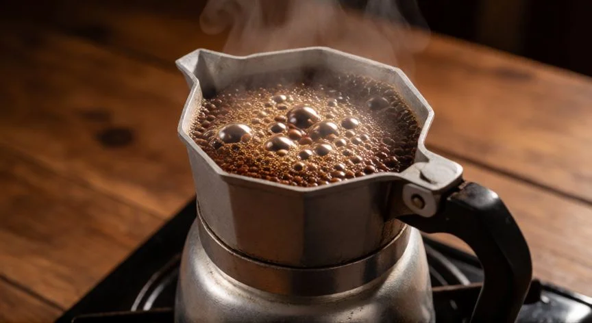 Cafetera tradicional hirviendo café para preparar barriguito