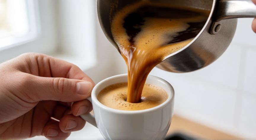como hacer cafe barraquito, Vertiendo café con espuma cremosa en una taza pequeña