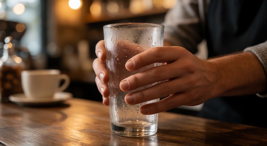 como hacer cafe batido, Manos agitando un vaso con café y azúcar para hacer espuma