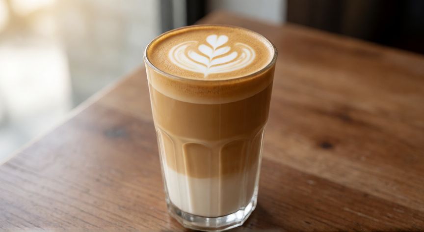 como hacer cafe batido, Vaso alto de café batido con capas cremosas sobre mesa de madera