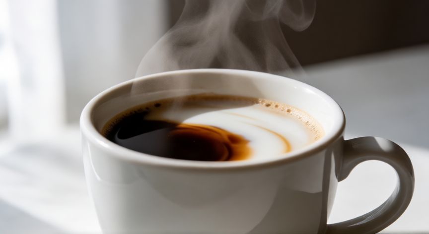 como hacer cafe blanco y negro, Vaso de cerámica con café blanco y negro en capas con vapor