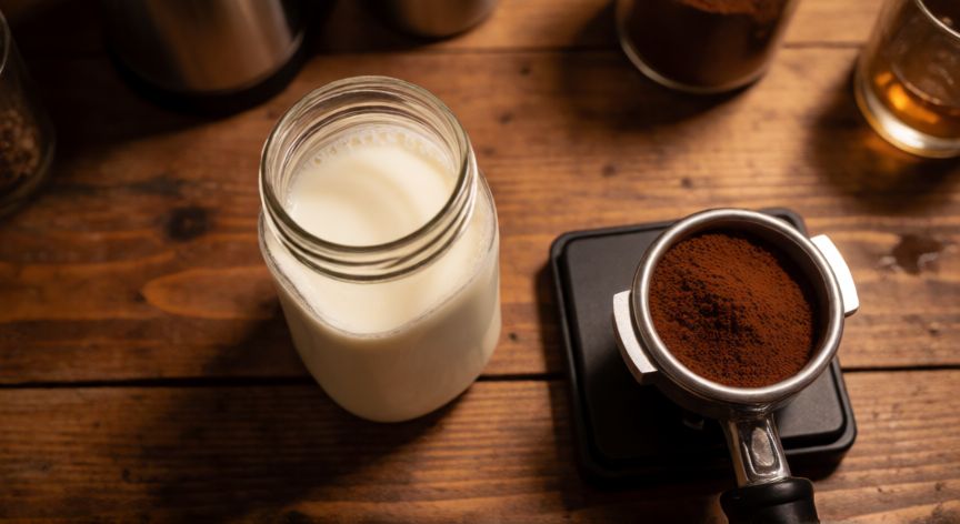 como hacer cafe blanco y negro, Materiales para preparar café blanco y negro sobre mesa de madera
