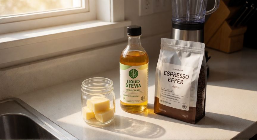 como hacer cafe bomba keto, Ingredientes para café bomba keto incluyendo mantequilla, stevia y granos de café