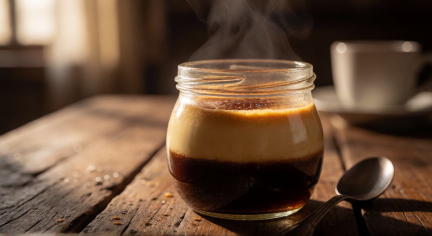 como hacer cafe bombon, Café bombón español en vaso de vidrio con capas visibles y vapor