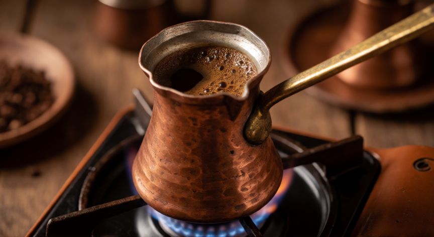 como hacer cafe bosnio, Olla de cobre tradicional para preparar café bosnio sobre fuego lento
