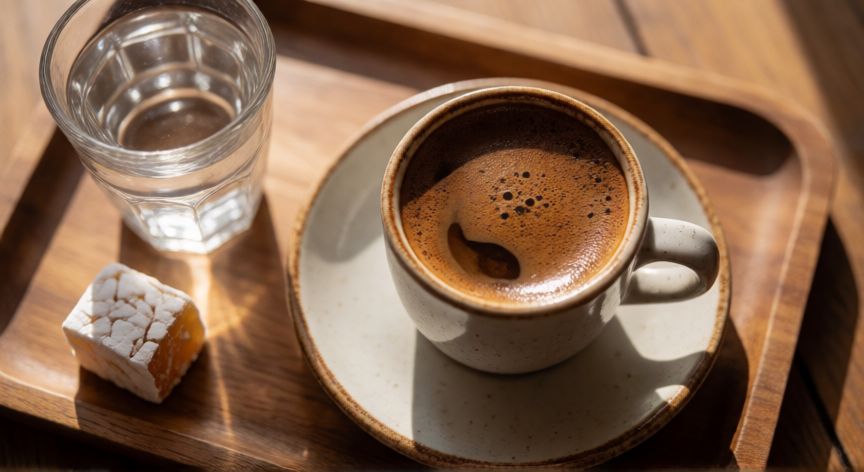 como hacer cafe bosnio, Taza pequeña de café bosnio con espuma y agua al lado sobre bandeja de madera