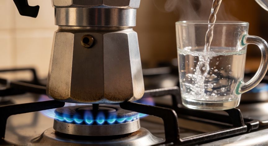 como hacer cafe bueno en cafetera italiana, Cafetera italiana de aluminio sobre fuego medio-bajo con vapor suave