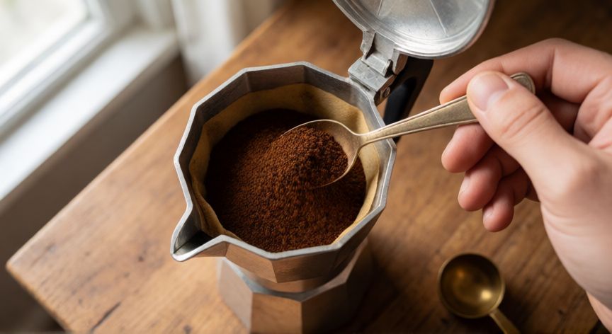 como hacer cafe bueno en cafetera italiana, Dosis de café molido medio-fino siendo colocado en el filtro de la cafetera