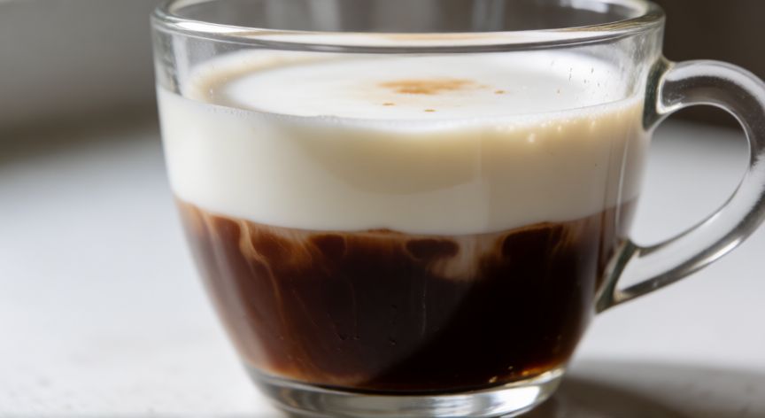 como hacer cafe con 2 colores, Vaso de cristal con café y leche en dos capas separadas