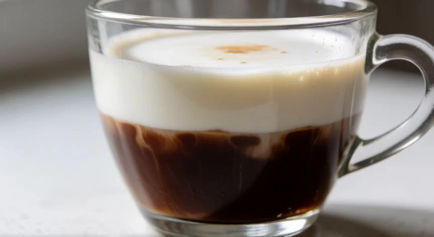 Vaso de cristal con café y leche en dos capas separadas