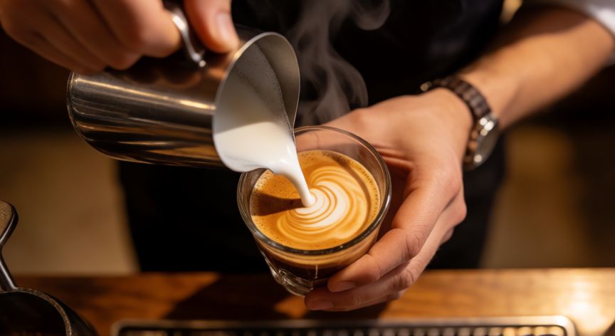 como hacer cafe con 2 colores, Barista vertiendo leche sobre espresso creando efecto bicolor