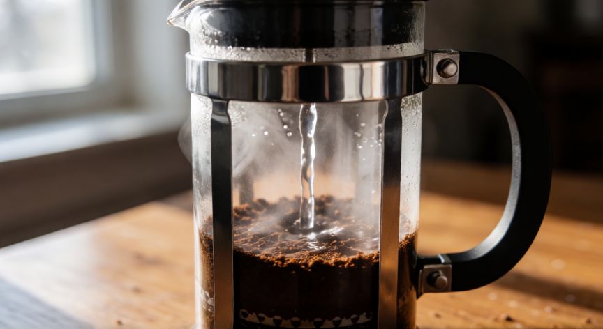 como hacer cafe con cafetera de embolo, Cafetera de émbolo de cristal llenándose con agua caliente