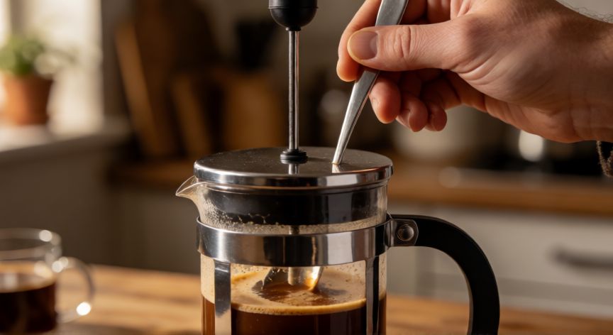 como hacer cafe con cafetera de embolo, Removiendo el café en la cafetera de émbolo antes de presionar