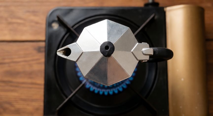 como hacer café con cafetera italiana de 4 tazas, Cafetera italiana de aluminio en la hornalla con fuego bajo saliendo café
