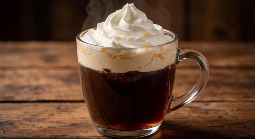 como hacer cafe con crema de whisky, Vaso de cristal con café oscuro y crema blanca batida encima sobre mesa de madera