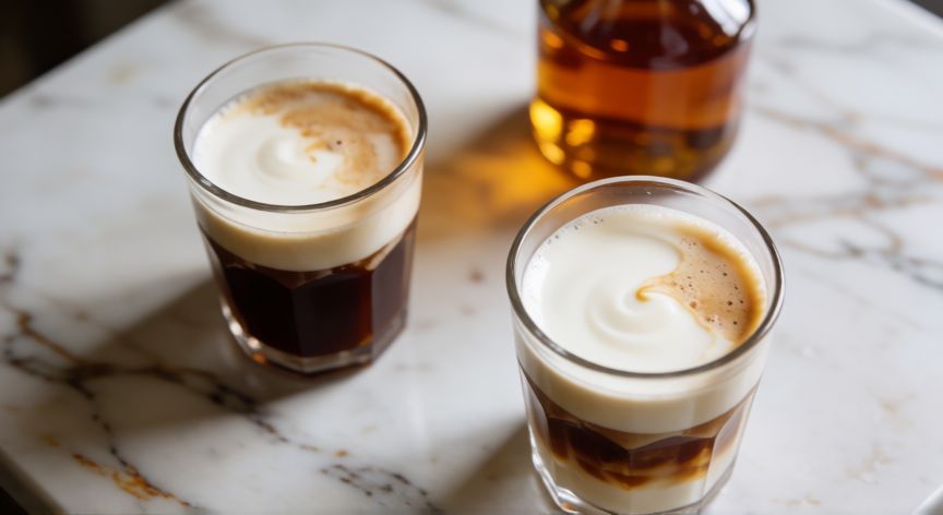 como hacer cafe con crema de whisky, Vista cenital de dos vasos de café con crema de whisky sobre encimera de mármol