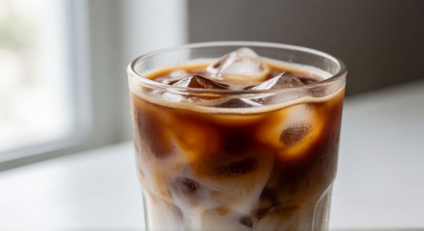 como hacer cafe con hielo, Vaso de café con hielo y leche fría con condensación