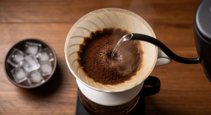 como hacer cafe con hielo, Preparación de café concentrado en filtro V60 con cubitos de hielo al lado