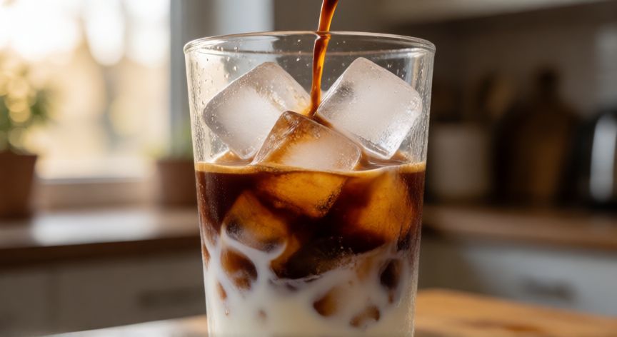 como hacer cafe con hielo y leche, Vaso de cristal con capas de leche y café sobre hielo listos para servir
