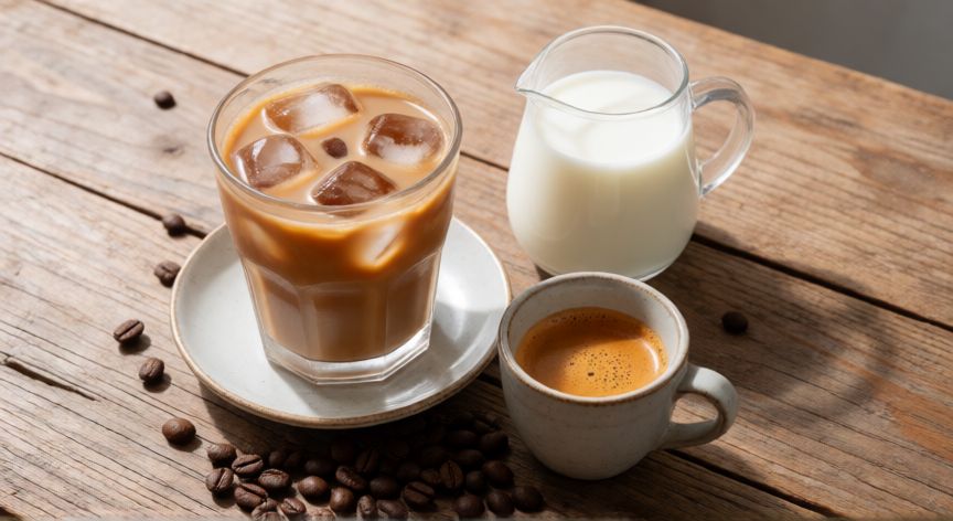 como hacer cafe con hielo y leche, Mesa con café frío de leche, espresso y leche fría en un entorno cálido