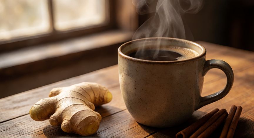 como hacer cafe con jengibre, Taza de café con jengibre fresco y canela sobre mesa de madera