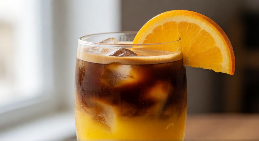 como hacer cafe con jugo de naranja, Vaso de café con jugo de naranja estratificado con hielo y rodaja de naranja