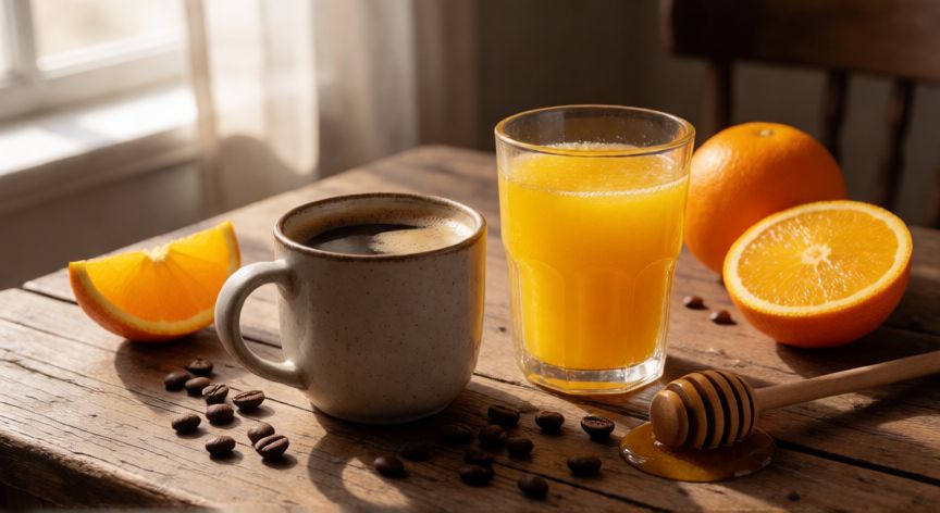 como hacer cafe con jugo de naranja, Mesa de madera con taza de café y vaso de jugo de naranja fresco al sol