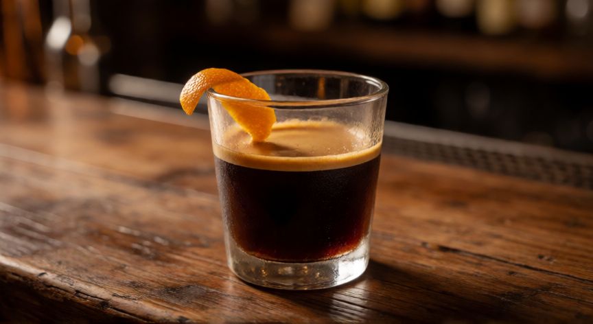 como hacer cafe con kahlua, Vaso de cristal con café y licor Kahlúa sobre mesa de madera