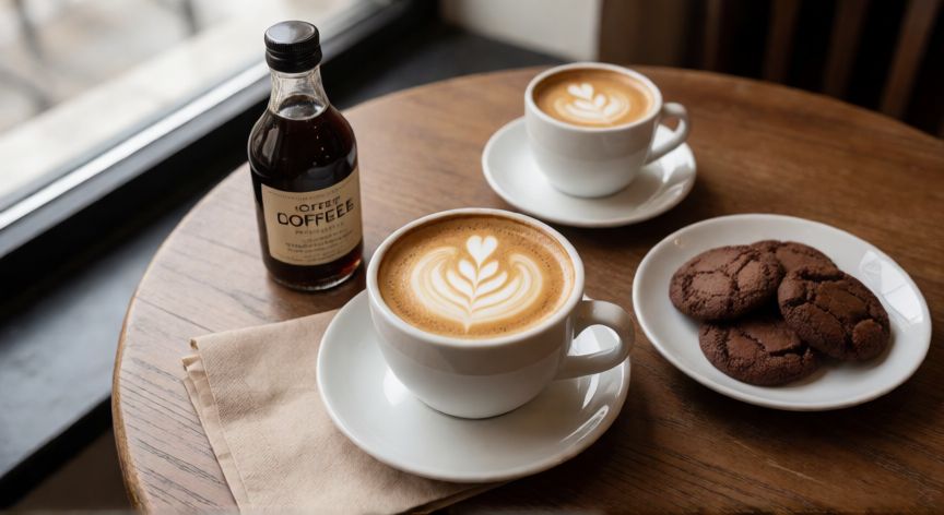 como hacer cafe con kahlua, Mesa con taza de café con leche y botella de licor en ambiente acogedor