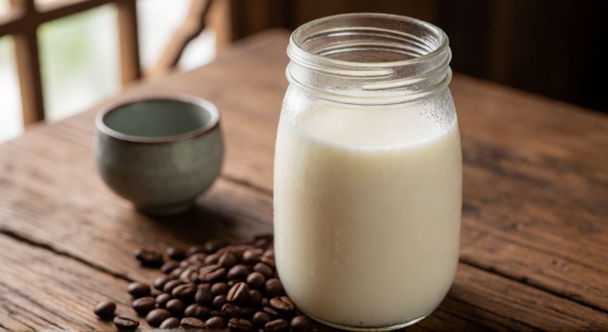 como hacer cafe con kefir, Tarro de cristal con kéfir de leche fresco sobre mesa de madera